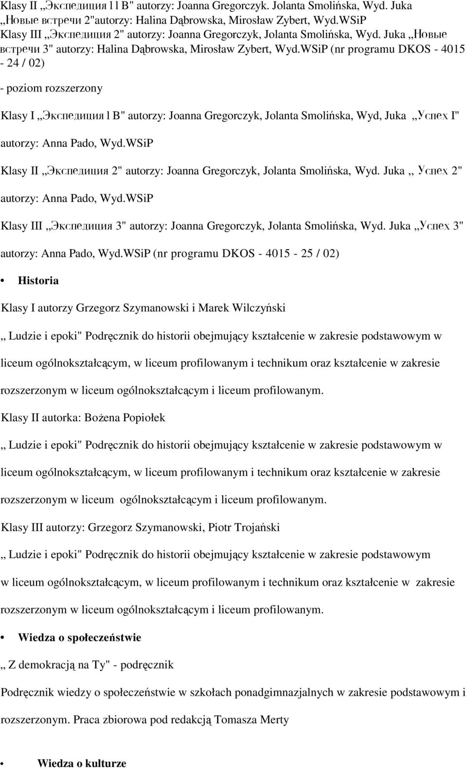 WSiP Klasy II 2" autorzy: Joanna Gregorczyk, Jolanta Smolińska, Wyd. Juka,, 2" autorzy: Anna Pado, Wyd.WSiP Klasy III 3" autorzy: Joanna Gregorczyk, Jolanta Smolińska, Wyd.