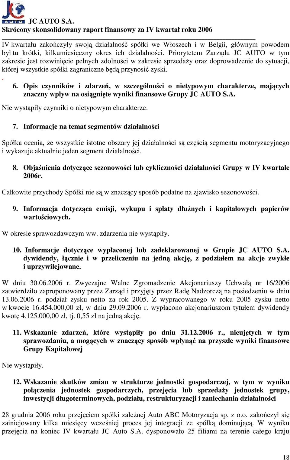 Opis czynników i zdarzeń, w szczególności o nietypowym charakterze, mających znaczny wpływ na osiągnięte wyniki finansowe Grupy JC AUTO S.A. Nie wystąpiły czynniki o nietypowym charakterze. 7.