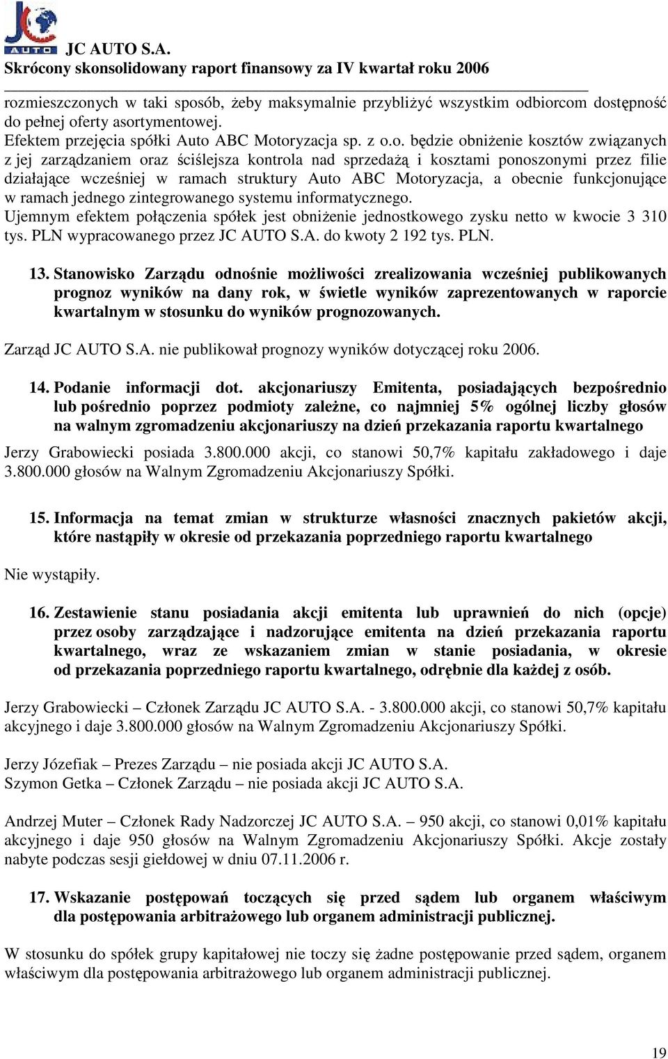 ramach jednego zintegrowanego systemu informatycznego. Ujemnym efektem połączenia spółek jest obniŝenie jednostkowego zysku netto w kwocie 3 310 tys. PLN wypracowanego przez JC AUTO S.A. do kwoty 2 192 tys.