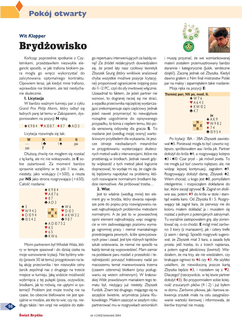 Licytacja W bardzo wa nym turnieju par z cyklu Grand Prix Philip Morris, który odby si adnych par lat temu w Zakopanem, dysponowa em na pozycji r kà: K9 8 4 A 10 8 7 8 7 AD3 Licytacja rozwin a si