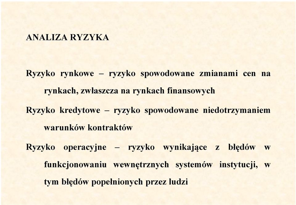 niedotrzymaniem warunków kontraktów Ryzyko operacyjne ryzyko wynikające z