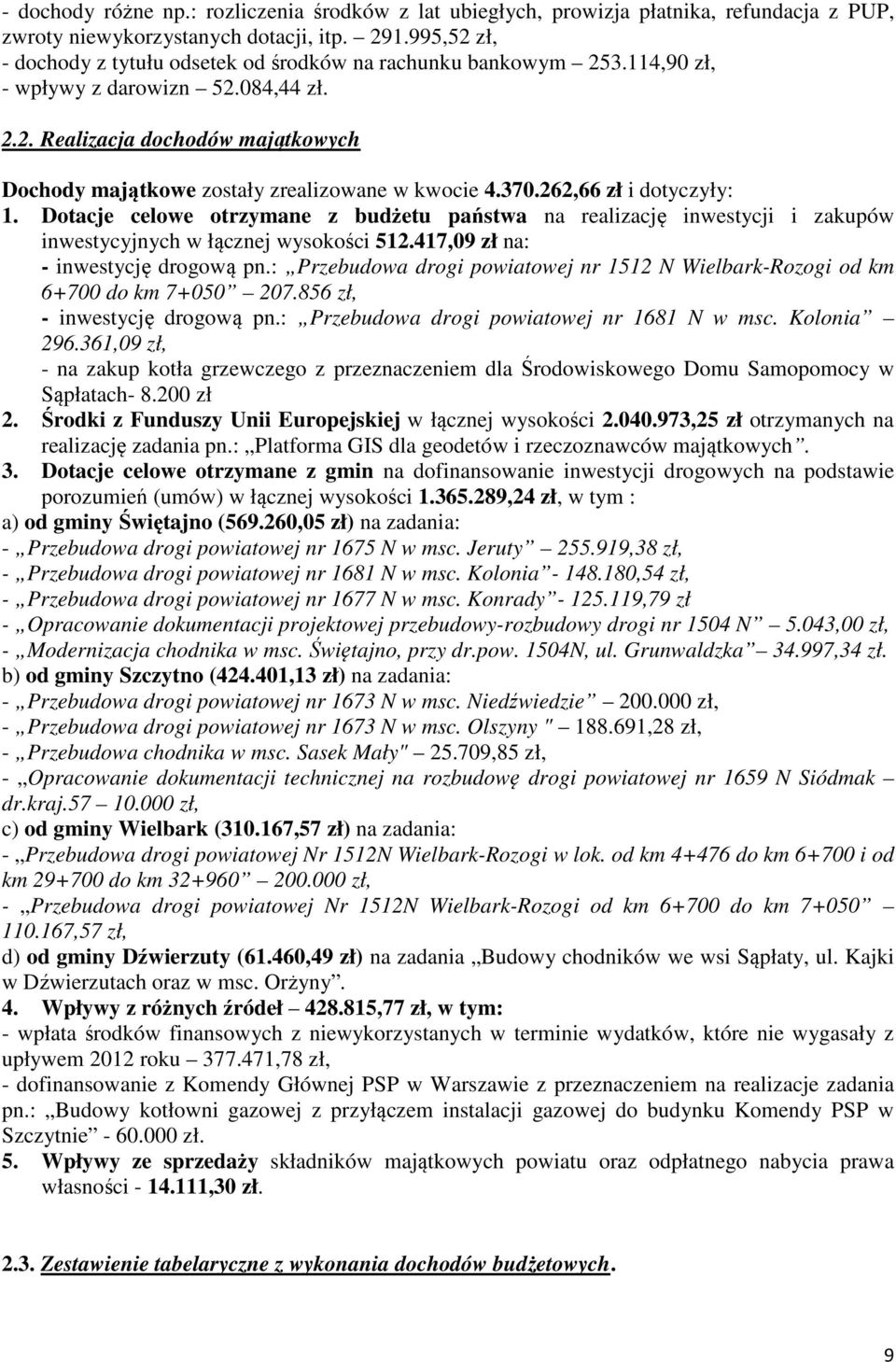 370.262,66 zł i dotyczyły: 1. Dotacje celowe otrzymane z budżetu państwa na realizację inwestycji i zakupów inwestycyjnych w łącznej wysokości 512.417,09 zł na: - inwestycję drogową pn.