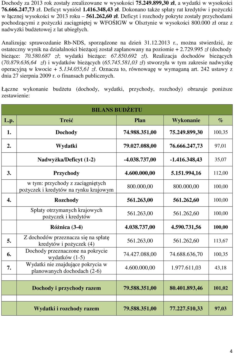 Deficyt i rozchody pokryte zostały przychodami pochodzącymi z pożyczki zaciągniętej w WFOŚIGW w Olsztynie w wysokości 800.000 zł oraz z nadwyżki budżetowej z lat ubiegłych.