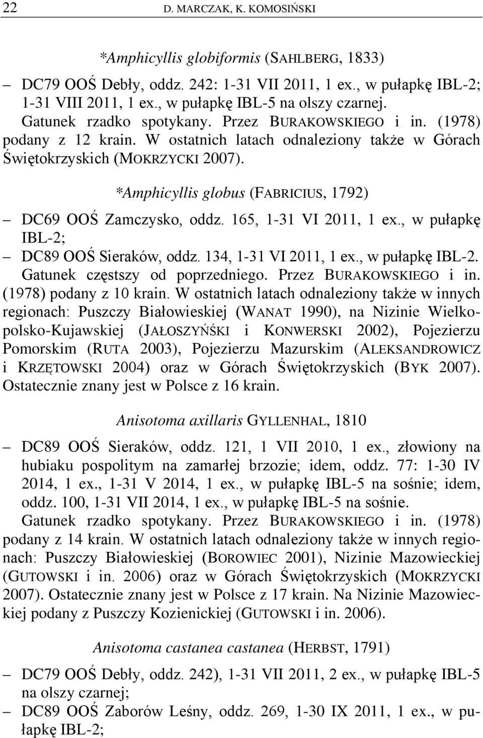 *Amphicyllis globus (FABRICIUS, 1792) DC69 OOŚ Zamczysko, oddz. 165, 1-31 VI 2011, 1 ex., w pułapkę IBL-2; DC89 OOŚ Sieraków, oddz. 134, 1-31 VI 2011, 1 ex., w pułapkę IBL-2. Gatunek częstszy od poprzedniego.