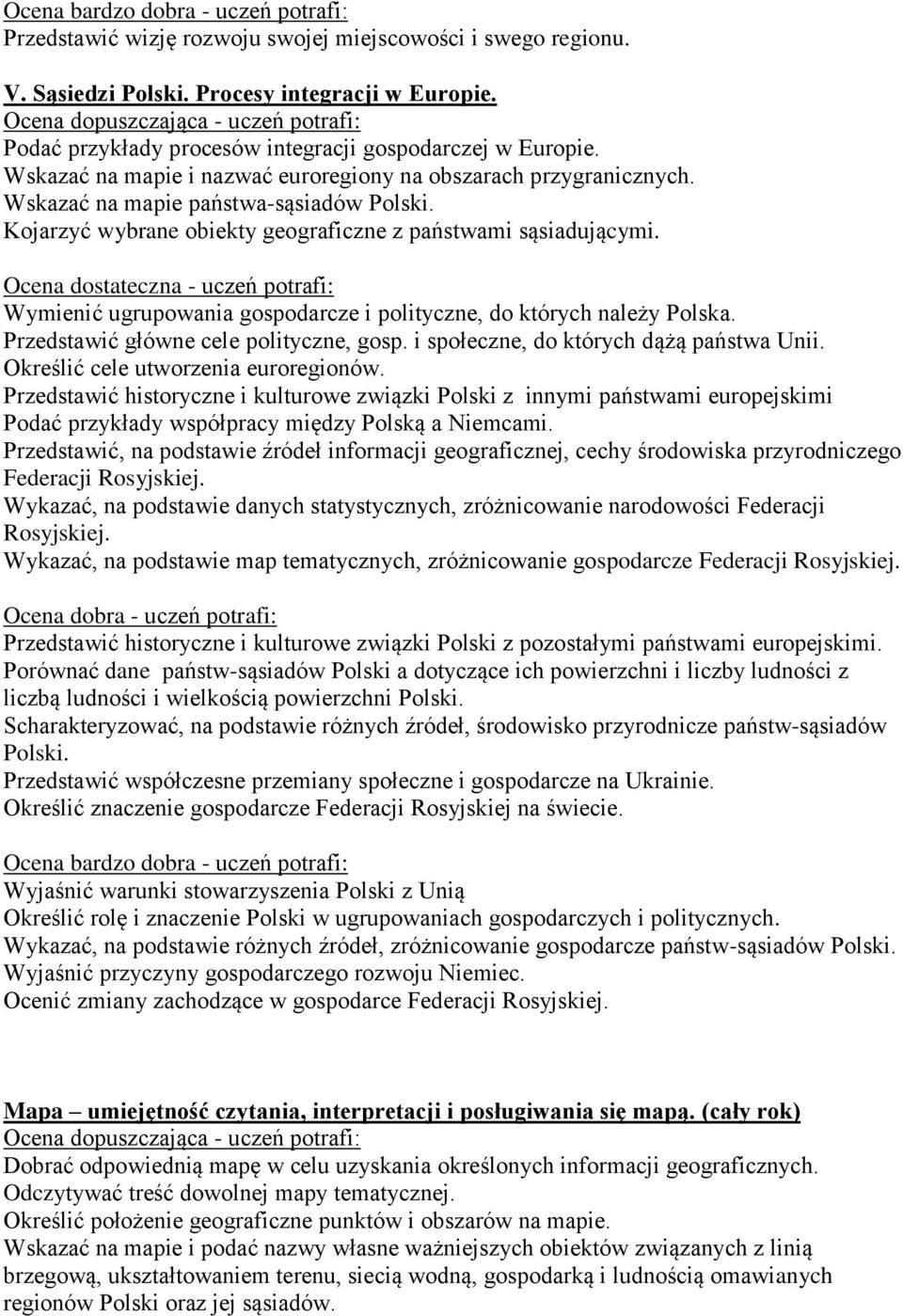 Kojarzyć wybrane obiekty geograficzne z państwami sąsiadującymi. Ocena dostateczna - uczeń potrafi: Wymienić ugrupowania gospodarcze i polityczne, do których należy Polska.