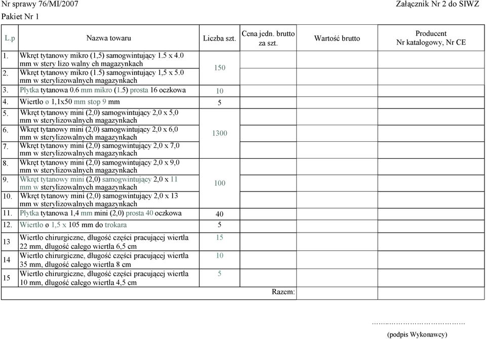 5) prosta 16 oczkowa 10 4. Wiertło ø 1,1x50 mm stop 9 mm 5 5. 5,0 6. 6,0 1300 7,0 8. 9,0 9. 11 100 10. 13 11.