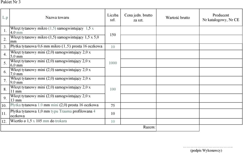 Płytka tytanowa 0,6 mm mikro (1,5) prosta 16 oczkowa 10 4. 5,0 mm 5. 6,0 mm 1000 6.