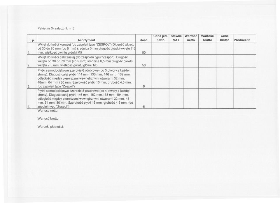 mm, wielkosc gwintuglówkim5 50 Wkret do kosci gabczastej (do zespolen typu "Zespoi").Dlugosc wkretu od 30 do 70 mm (co 5 mm) srednica 6,5 mm dlugosc glówki 2.