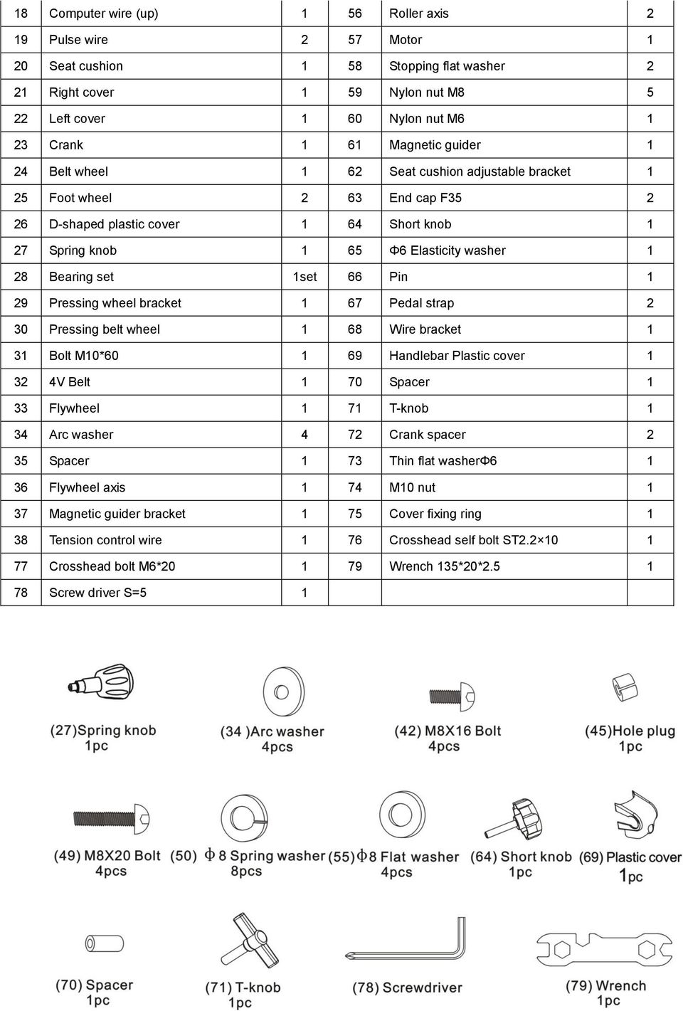 Bearing set 1set 66 Pin 1 29 Pressing wheel bracket 1 67 Pedal strap 2 30 Pressing belt wheel 1 68 Wire bracket 1 31 Bolt M10*60 1 69 Handlebar Plastic cover 1 32 4V Belt 1 70 Spacer 1 33 Flywheel 1