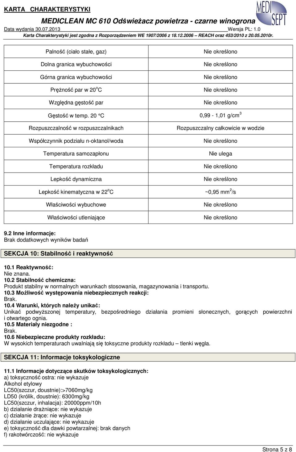 ulega Lepkość kinematyczna w 22 o C ~0,95 mm 2 /s Właściwości wybuchowe Właściwości utleniające 9.2 Inne informacje: Brak dodatkowych wyników badań SEKCJA 10: Stabilność i reaktywność 10.