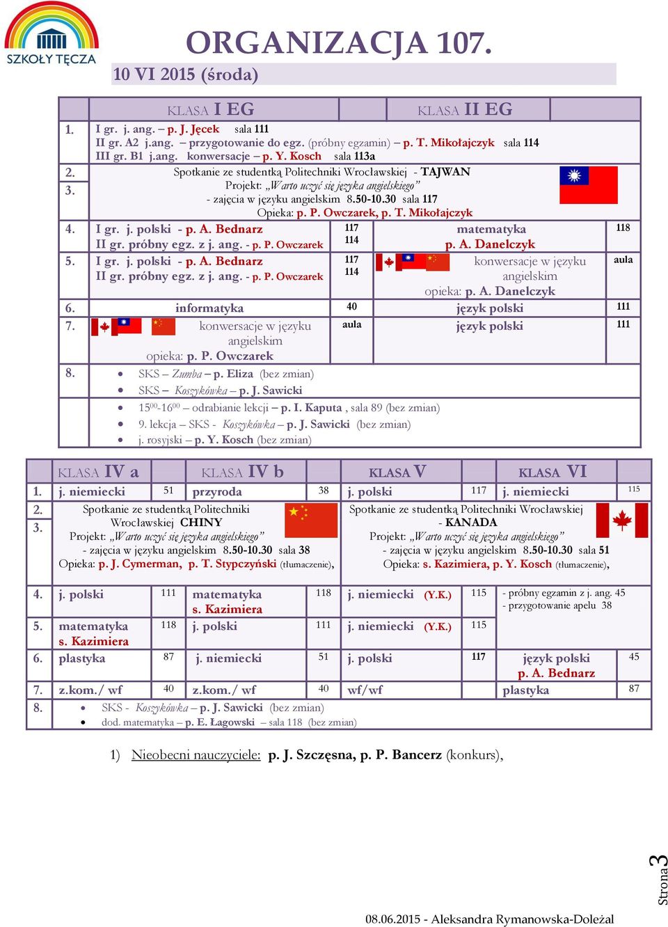 Bednarz 117 matematyka 118 II gr. próbny egz. z j. ang. - p. P. Owczarek p. A. Danelczyk 5. I gr. j. polski - p. A. Bednarz 117 konwersacje w języku II gr. próbny egz. z j. ang. - p. P. Owczarek angielskim opieka: p.