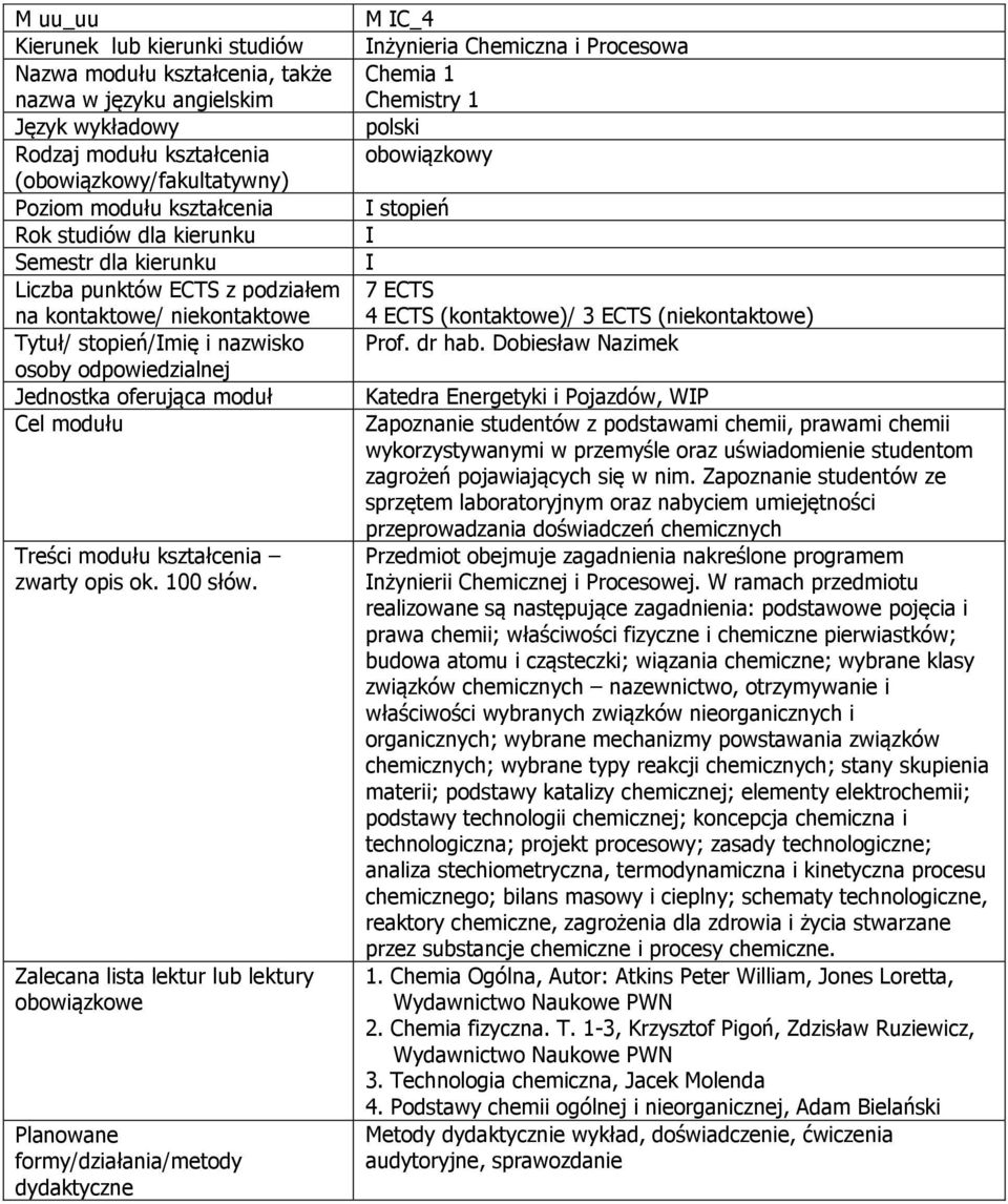 Dobiesław Nazimek Katedra Energetyki i Pojazdów, WIP Zapoznanie studentów z podstawami chemii, prawami chemii wykorzystywanymi w przemyśle oraz uświadomienie studentom zagrożeń pojawiających się w