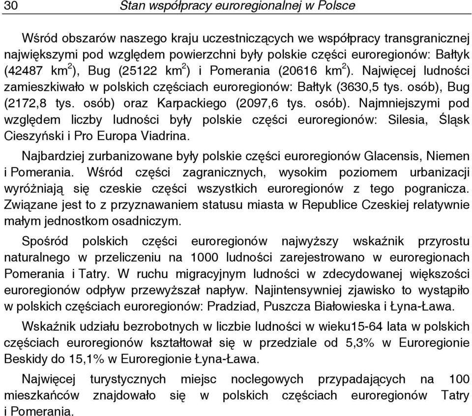 osób) oraz Karpackiego (2097,6 tys. osób). Najmniejszymi pod względem liczby ludności były polskie części euroregionów: Silesia, Śląsk Cieszyński i Pro Europa Viadrina.