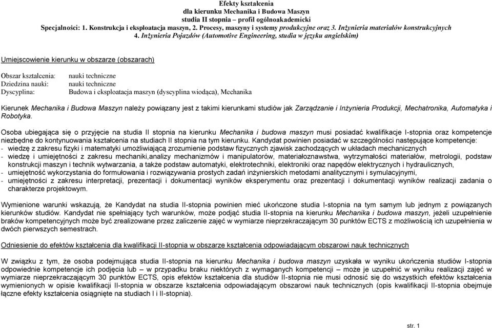 Inżynieria Pojazdów (Automotive Engineering, studia w języku angielskim) Umiejscowienie kierunku w obszarze (obszarach) Obszar kształcenia: Dziedzina nauki: Dyscyplina: nauki techniczne nauki