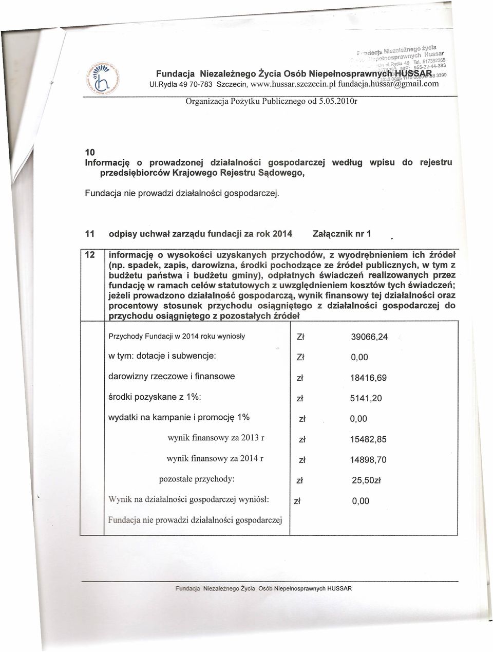 2010r 10 Informację o prowadzonej działalności gospodarczej według wpisu do rejestru przedsiębiorców Krajowego Rejestru Sądowego, Fundacja nie prowadzi działalności qoepodarczej.