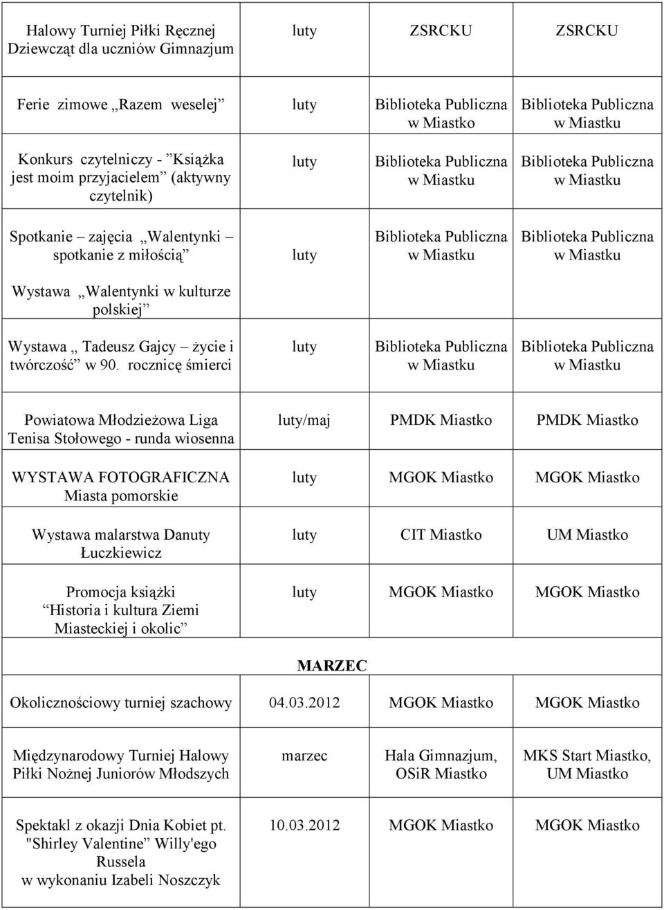 rocznicę śmierci luty Powiatowa Młodzieżowa Liga Tenisa Stołowego - runda wiosenna WYSTAWA FOTOGRAFICZNA Miasta pomorskie Wystawa malarstwa Danuty Łuczkiewicz Promocja książki Historia i kultura