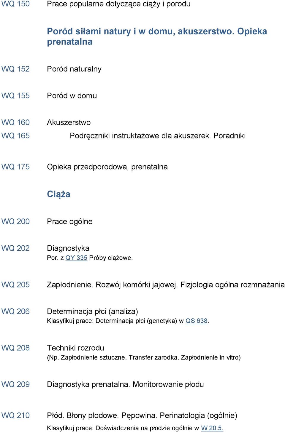 Poradniki WQ 175 Opieka przedporodowa, prenatalna Ciąża WQ 200 WQ 202 Diagnostyka Por. z QY 335 Próby ciążowe. WQ 205 Zapłodnienie. Rozwój komórki jajowej.