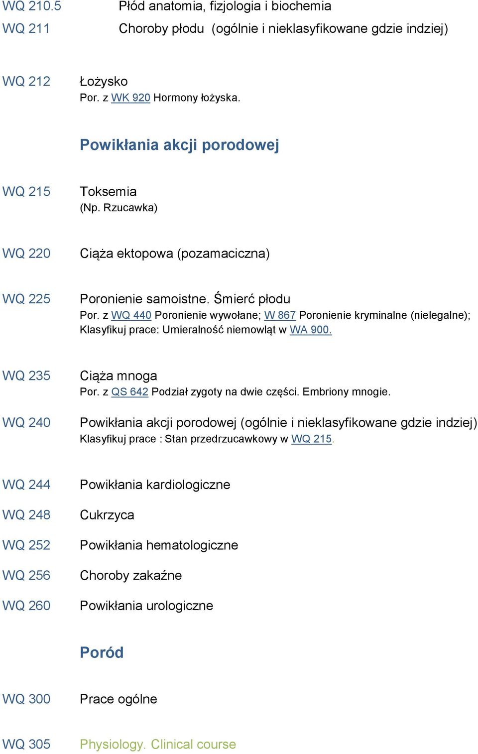 z WQ 440 Poronienie wywołane; W 867 Poronienie kryminalne (nielegalne); Klasyfikuj prace: Umieralność niemowląt w WA 900. WQ 235 WQ 240 Ciąża mnoga Por. z QS 642 Podział zygoty na dwie części.