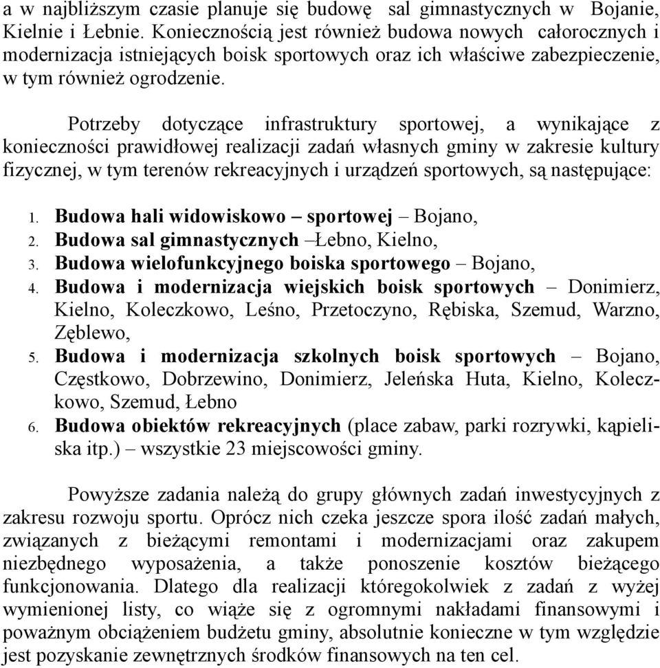 Potrzeby dotyczące infrastruktury sportowej, a wynikające z konieczności prawidłowej realizacji zadań własnych gminy w zakresie kultury fizycznej, w tym terenów rekreacyjnych i urządzeń sportowych,