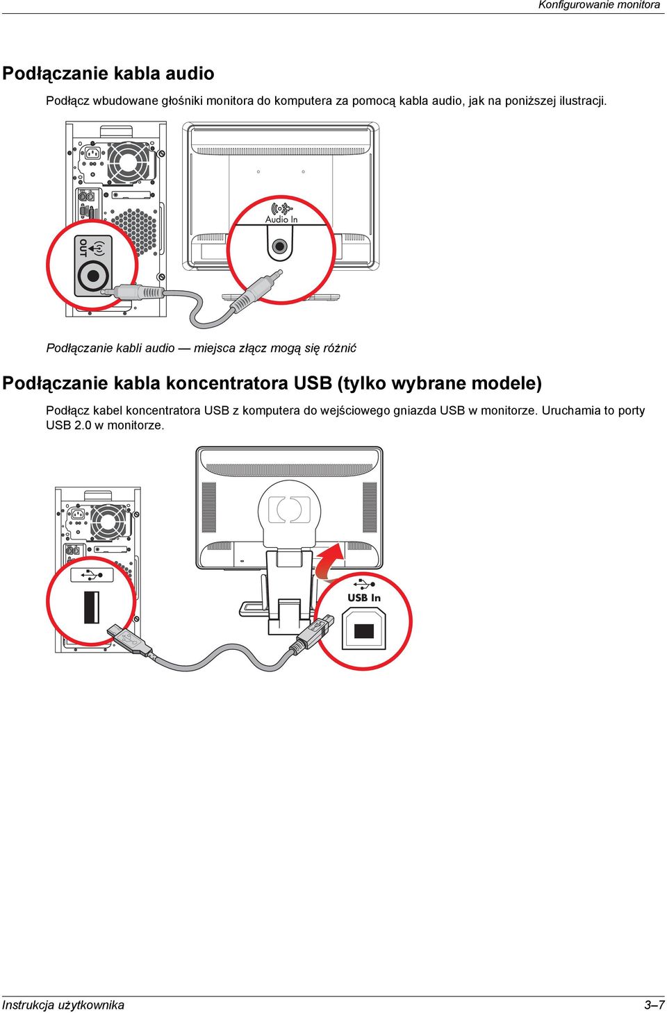 Podłączanie kabli audio miejsca złącz mogą się różnić Podłączanie kabla koncentratora USB (tylko wybrane