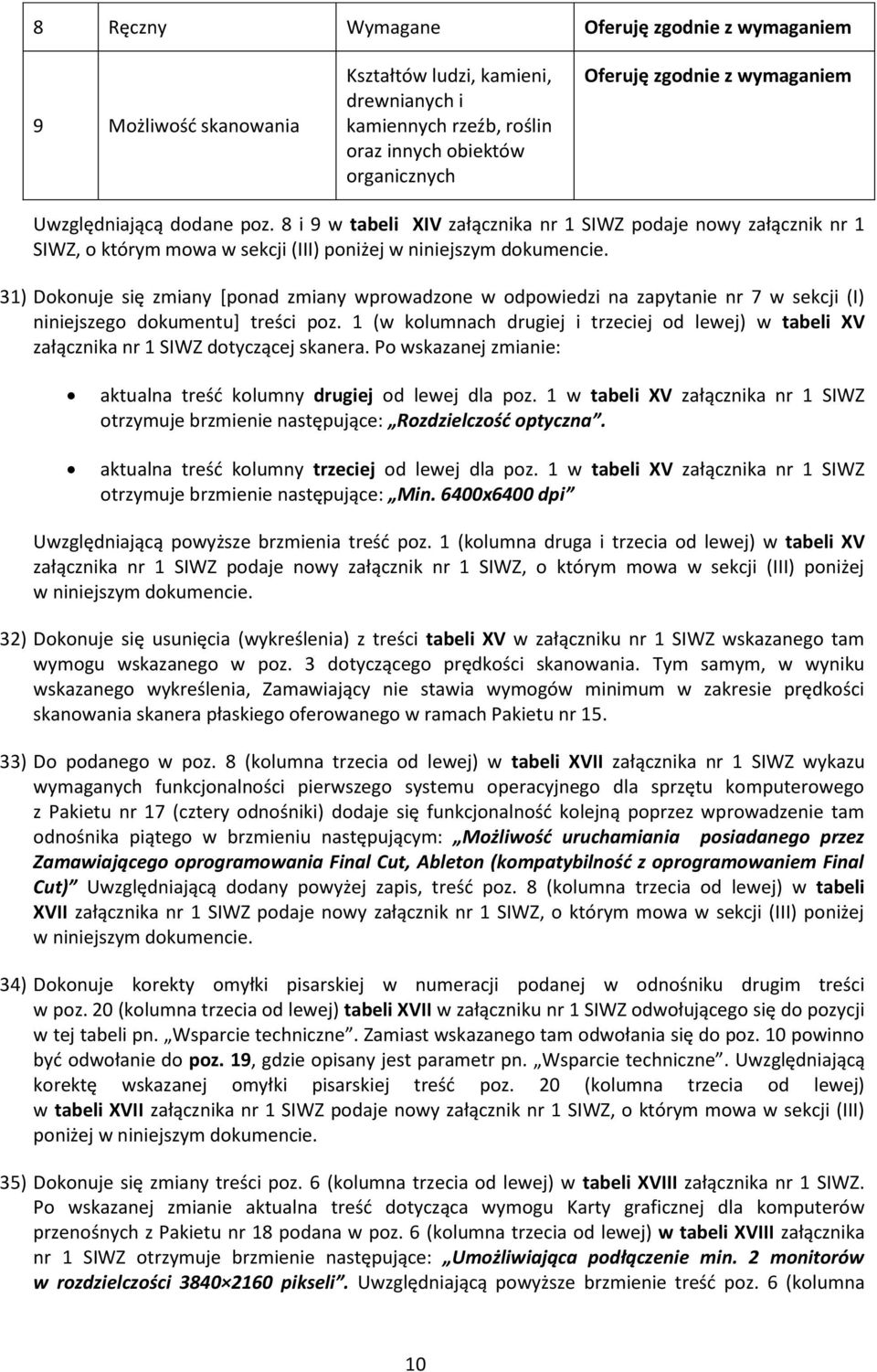 8 i 9 w tabeli XIV załącznika nr 1 SIWZ podaje nowy załącznik nr 1 SIWZ, o którym mowa w sekcji (III) poniżej 31) Dokonuje się zmiany [ponad zmiany wprowadzone w odpowiedzi na zapytanie nr 7 w sekcji