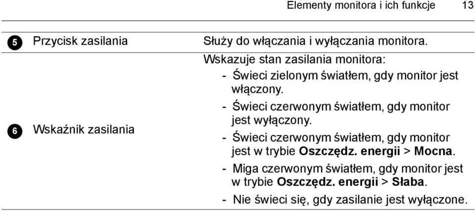 - Świeci czerwonym światłem, gdy monitor jest wyłączony.