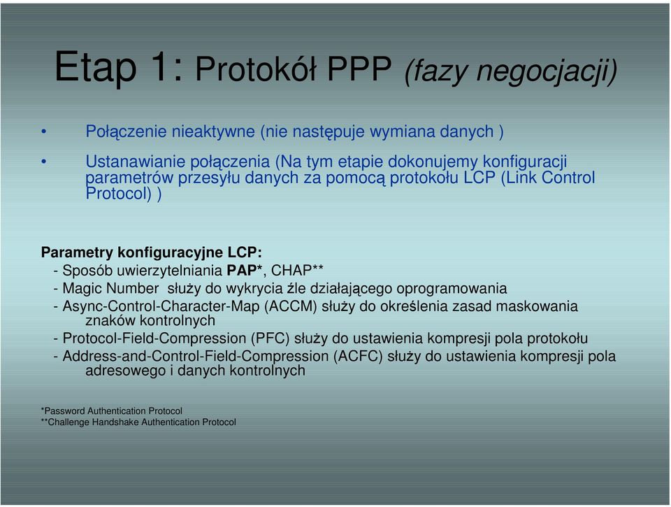 - Async-Control-Character-Map (ACCM) służy do określenia zasad maskowania znaków kontrolnych - Protocol-Field-Compression (PFC) służy do ustawienia kompresji pola protokołu -