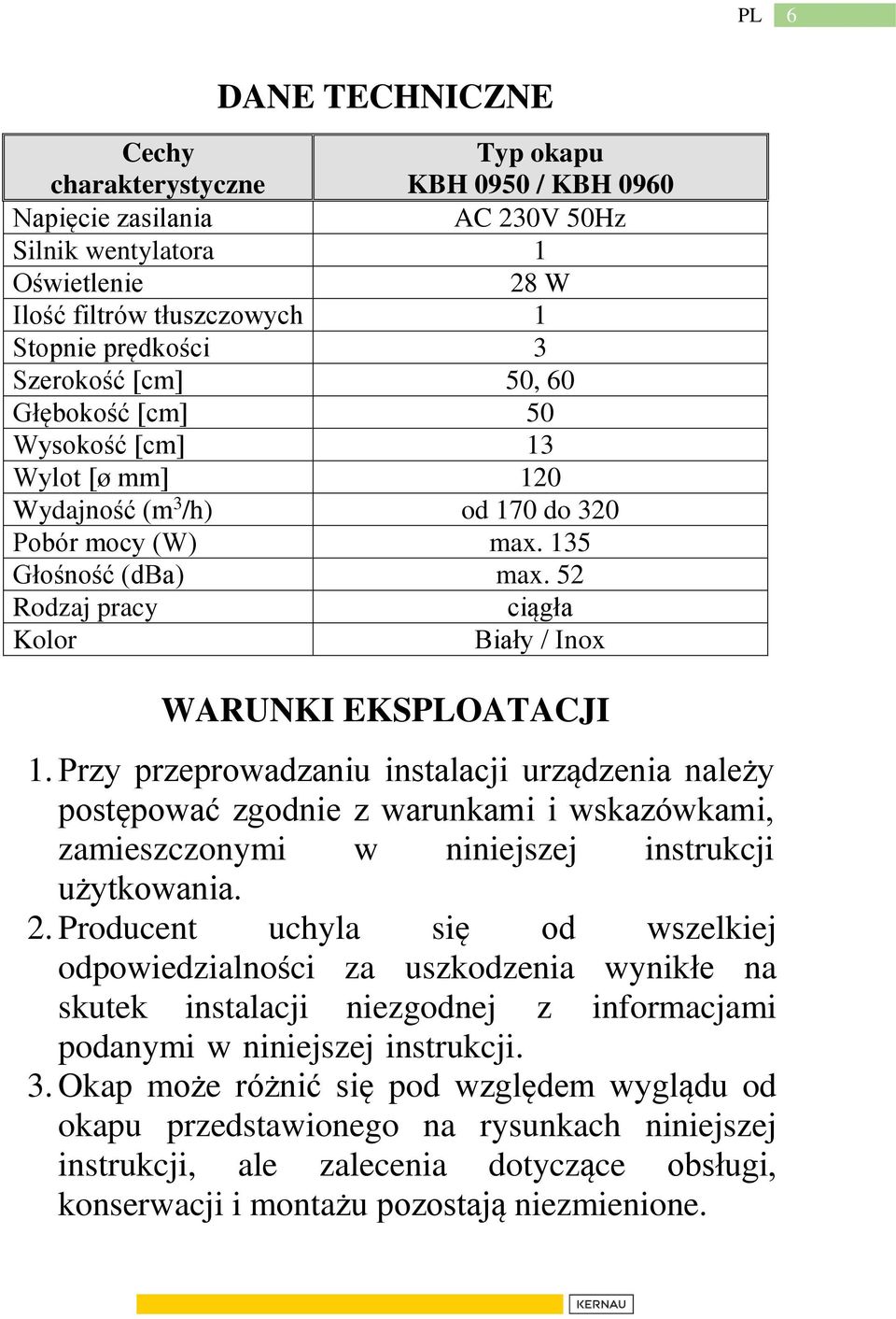 52 Rodzaj pracy ciągła Kolor Biały / Inox WARUNKI EKSPLOATACJI 1.