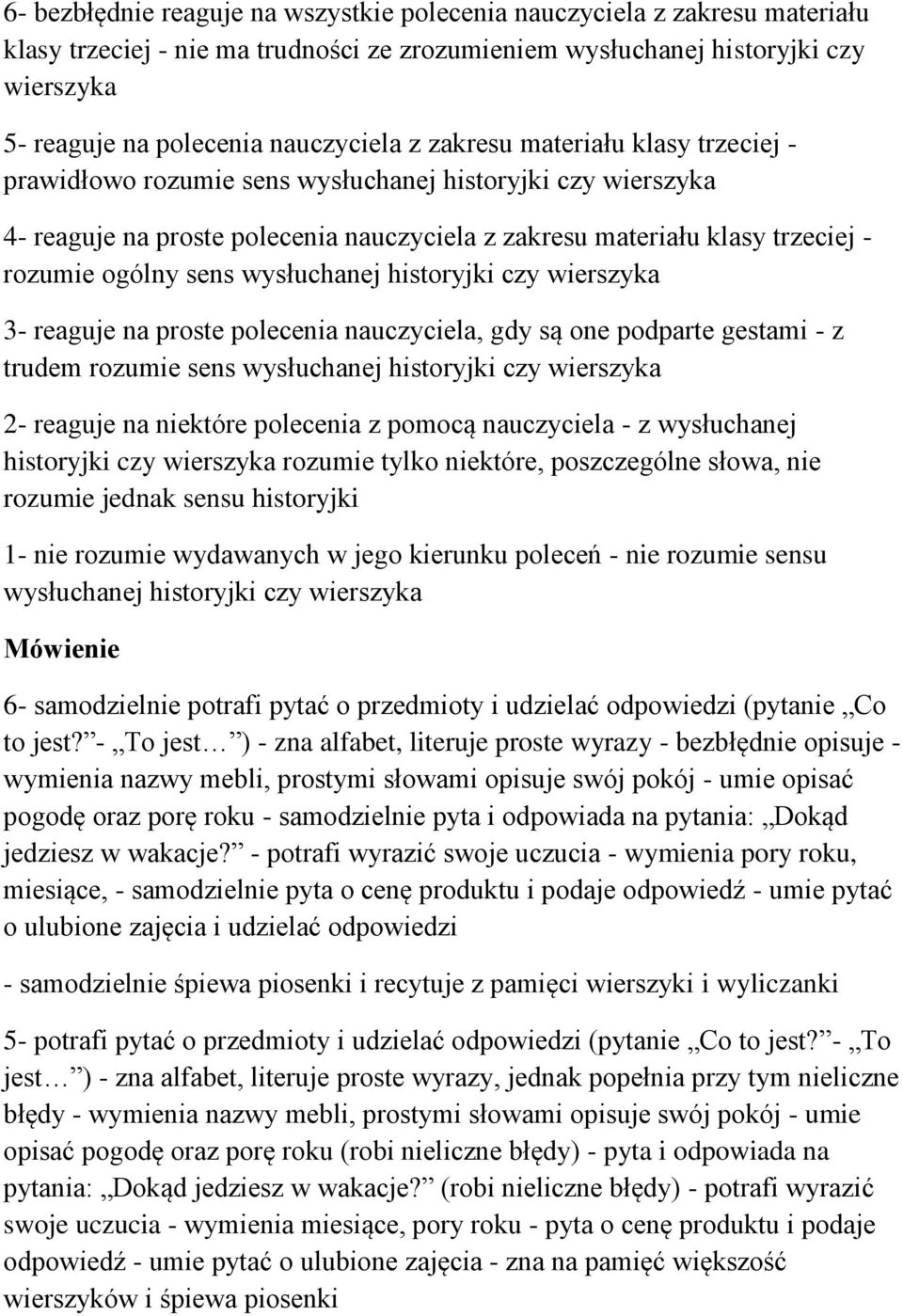 wysłuchanej historyjki czy wierszyka 3- reaguje na proste polecenia nauczyciela, gdy są one podparte gestami - z trudem rozumie sens wysłuchanej historyjki czy wierszyka 2- reaguje na niektóre