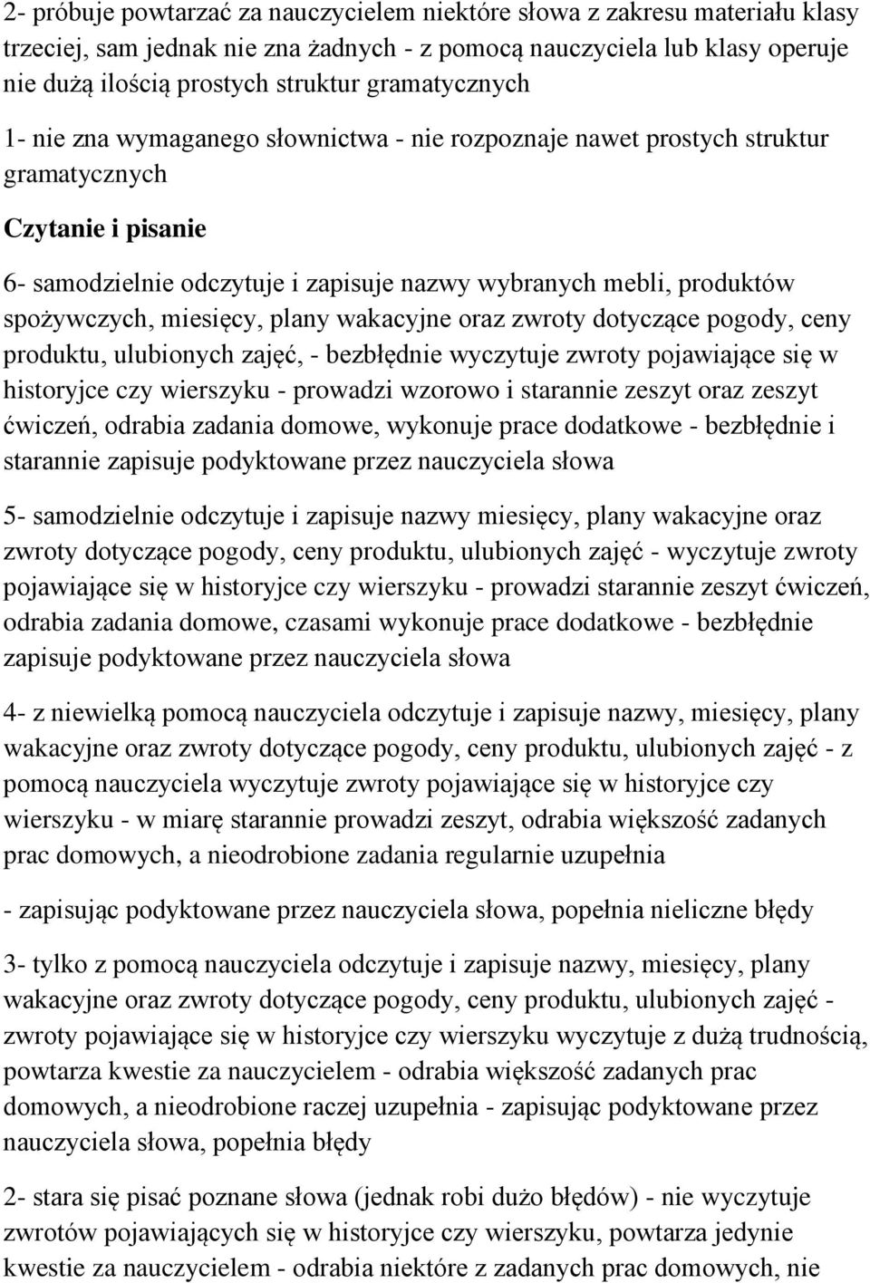 spożywczych, miesięcy, plany wakacyjne oraz zwroty dotyczące pogody, ceny produktu, ulubionych zajęć, - bezbłędnie wyczytuje zwroty pojawiające się w historyjce czy wierszyku - prowadzi wzorowo i