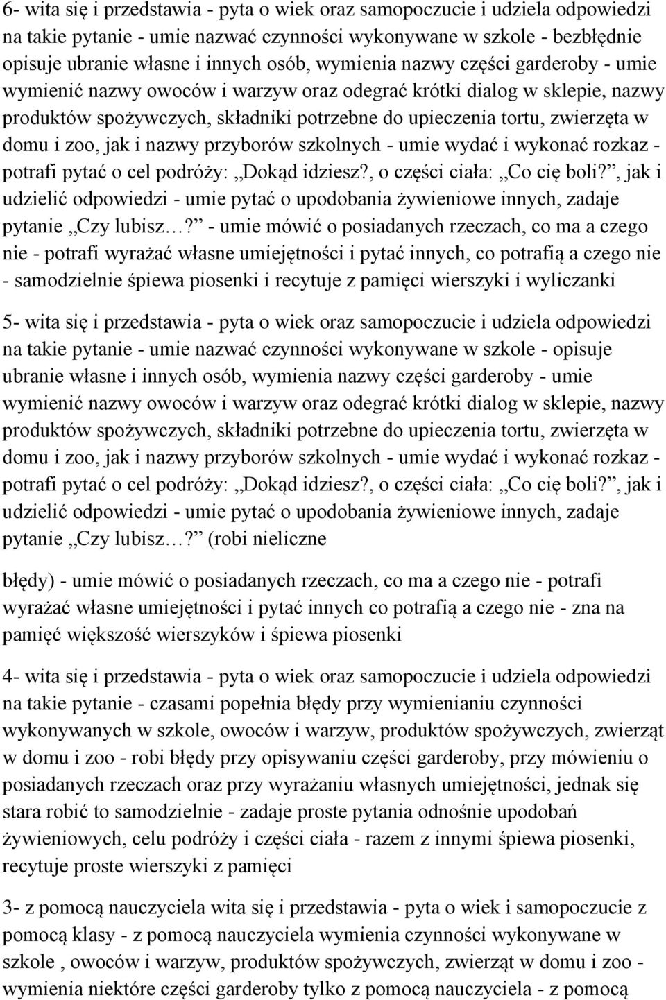 nazwy przyborów szkolnych - umie wydać i wykonać rozkaz - potrafi pytać o cel podróży: Dokąd idziesz?, o części ciała: Co cię boli?