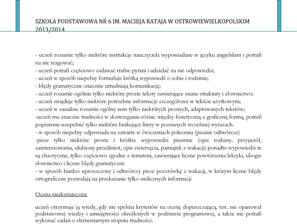 i słownictwo; - uczeń znajduje tylko niektóre potrzebne informacje szczegółowe w tekście użytkowym; - uczeń w zasadzie rozumie ogólny sens tylko niektórych prostych, adaptowanych tekstów; -uczeń ma