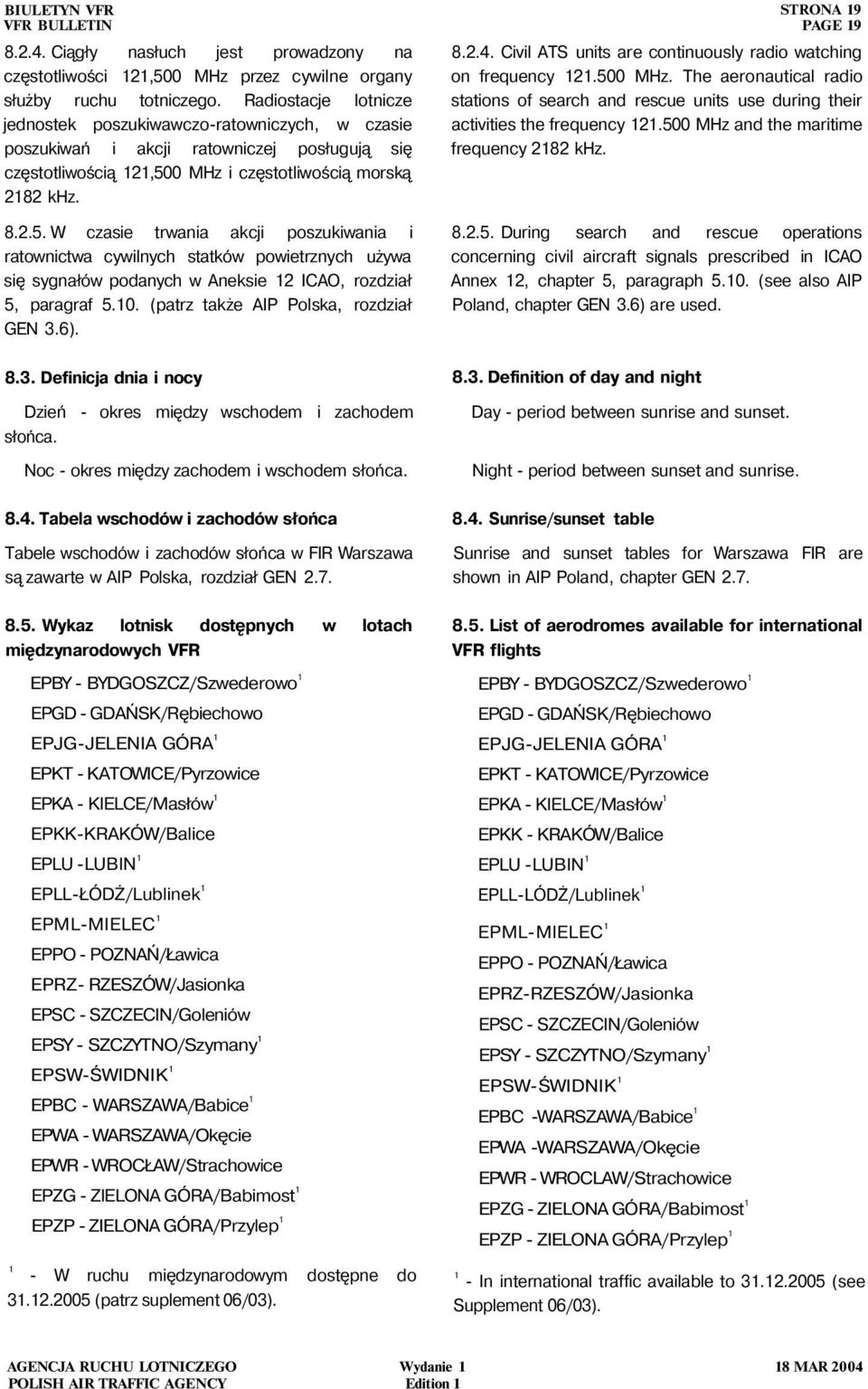 0 MHz i częstotliwością morską 2182 khz. 8.2.5. W czasie trwania akcji poszukiwania i ratownictwa cywilnych statków powietrznych używa się sygnałów podanych w Aneksie 12 ICAO, rozdział 5, paragraf 5.