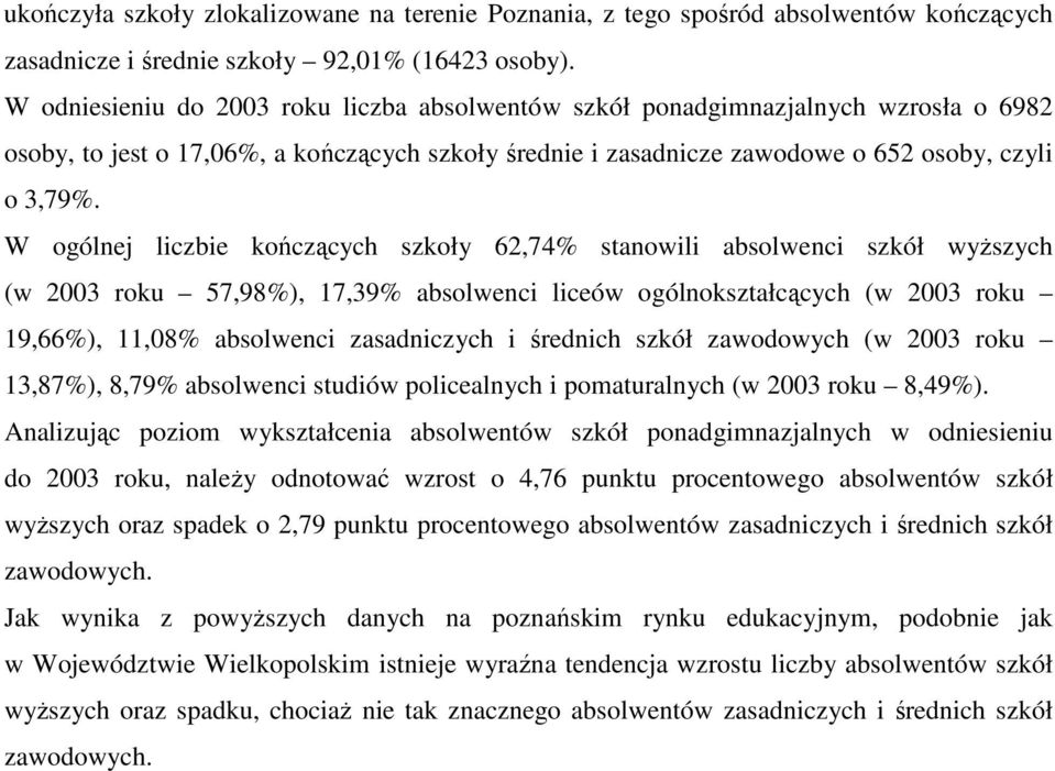 W ogólnej liczbie kończących szkoły,% stanowili absolwenci szkół wyższych (w 00 roku,8%),,% absolwenci liceów ogólnokształcących (w 00 roku,%),,08% absolwenci zasadniczych i średnich szkół zawodowych