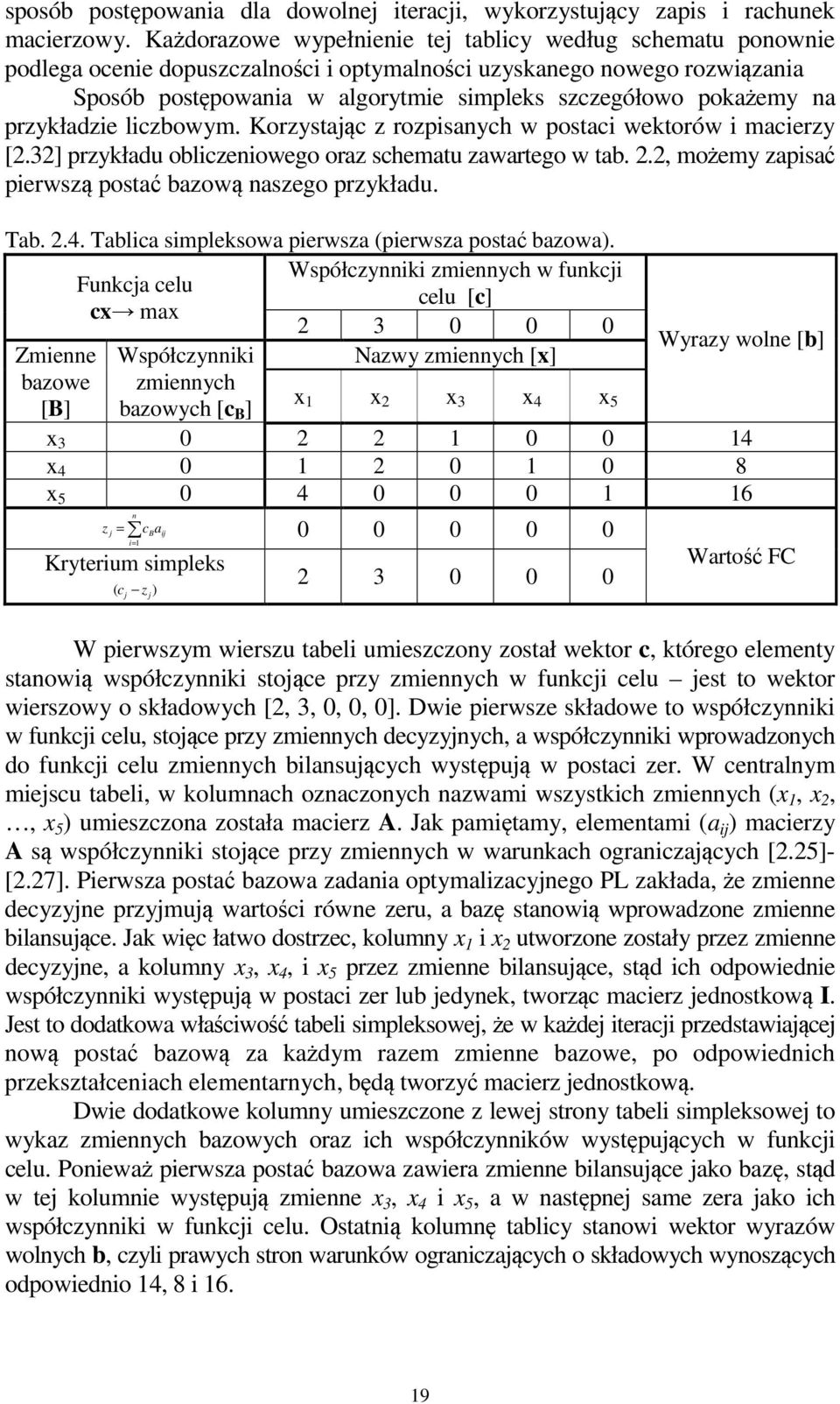 lczbowym. Korzystaąc z rozpsanych w postac wektorów macerzy [.3] przykładu oblczenowego oraz schematu zawartego w tab.., możemy zapsać perwszą postać bazową naszego przykładu. Tab..4.