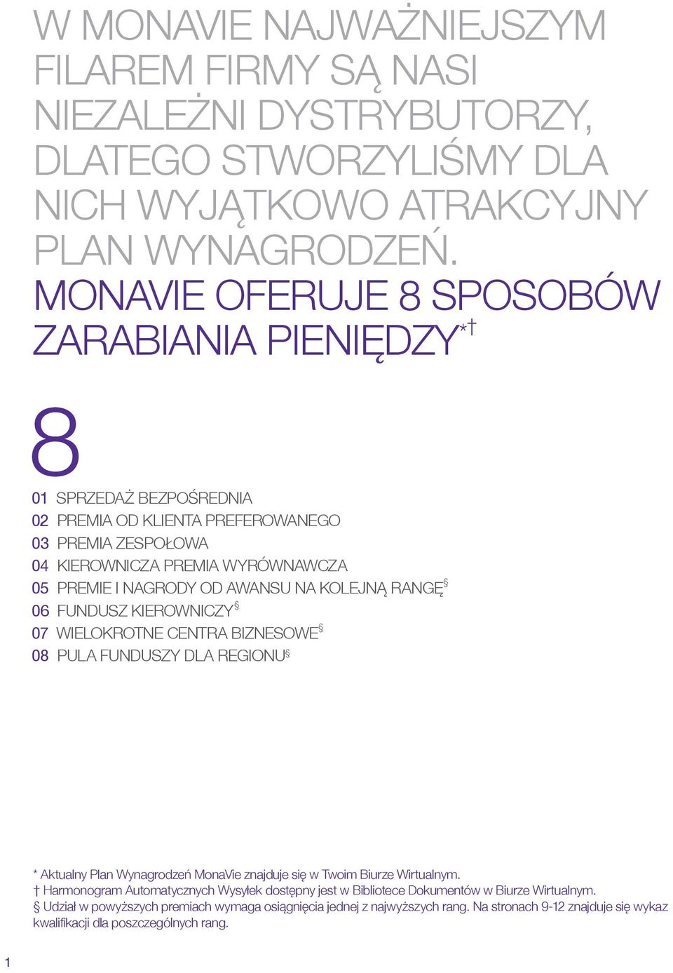 AWANSU NA KOLEJNĄ RANGĘ 06 FUNDUSZ KIEROWNICZY 07 WIELOKROTNE CENTRA BIZNESOWE 08 PULA FUNDUSZY DLA REGIONU * Aktualny Plan Wynagrodzeń MonaVie znajduje się w Twoim Biurze Wirtualnym.