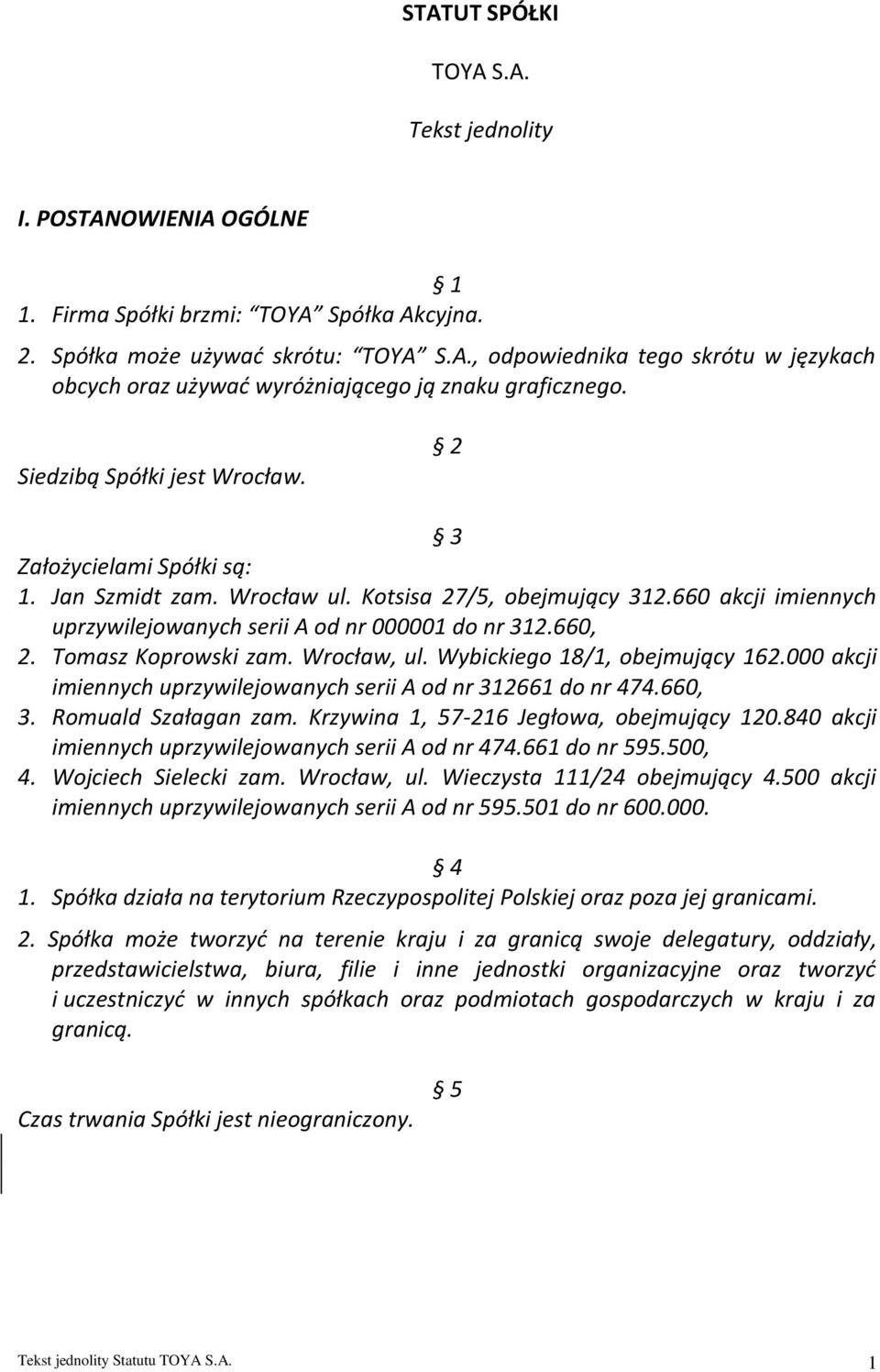 Tomasz Koprowski zam. Wrocław, ul. Wybickiego 18/1, obejmujący 162.000 akcji imiennych uprzywilejowanych serii A od nr 312661 do nr 474.660, 3. Romuald Szałagan zam.