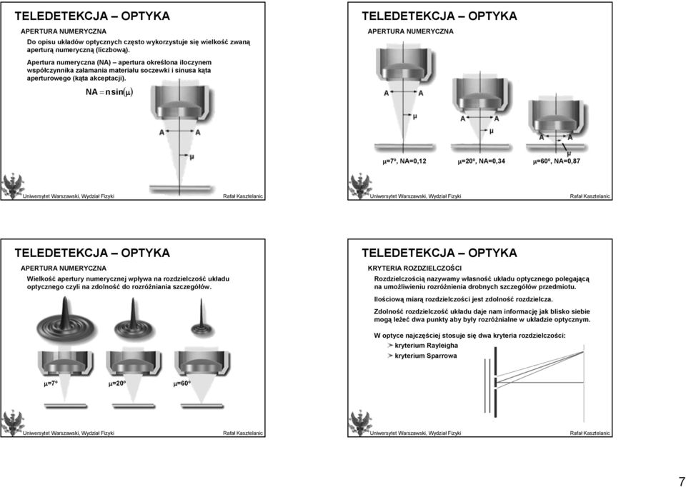 NA = nsin ( µ ) APERTURA NUMERYCZNA µ=7º, NA=0,12 µ=20º, NA=0,34 µ=60º, NA=0,87 APERTURA NUMERYCZNA Wielkość apertury numerycznej wpływa na rozdzielczość układu optycznego czyli na zdolność do