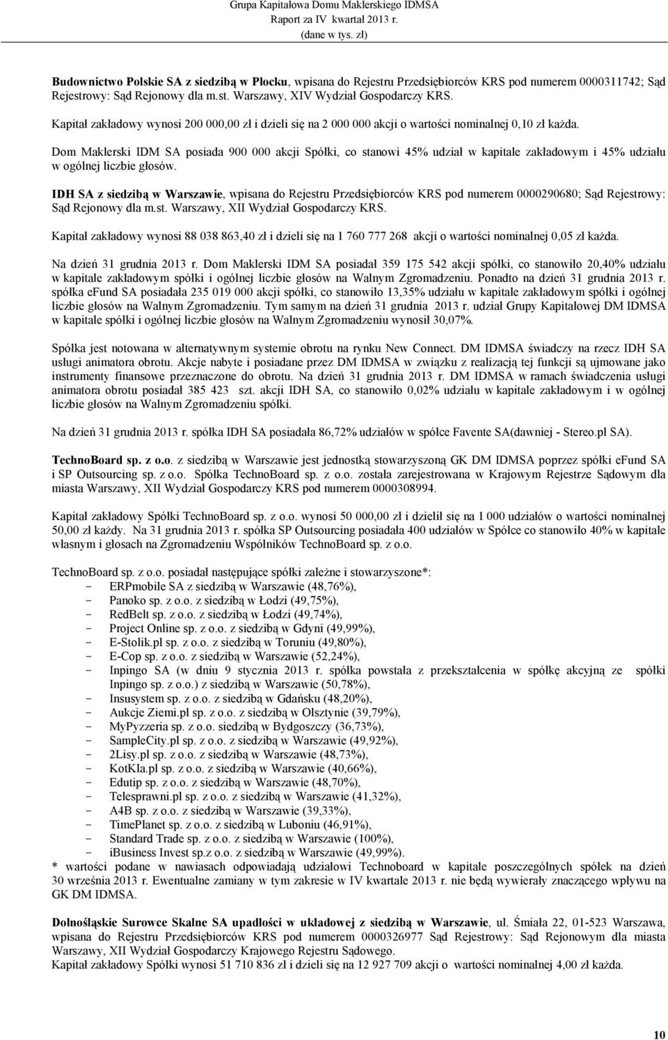 Dom Maklerski IDM SA posiada 900 000 akcji Spółki, co stanowi 45% udział w kapitale zakładowym i 45% udziału w ogólnej liczbie głosów.