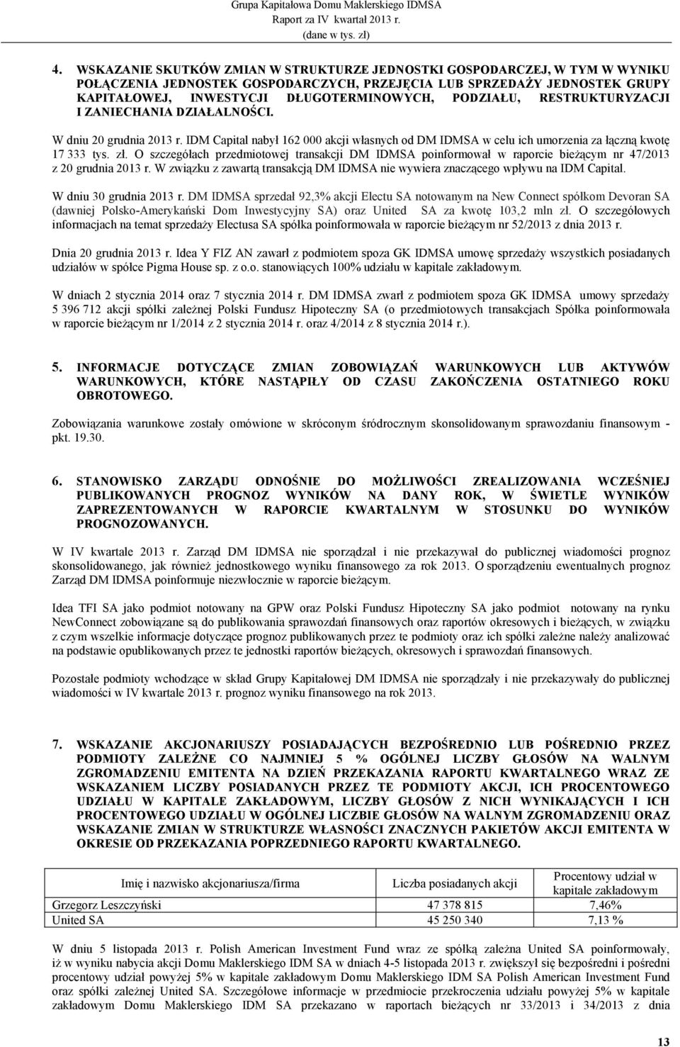 O szczegółach przedmiotowej transakcji DM IDMSA poinformował w raporcie bieŝącym nr 47/2013 z 20 grudnia 2013 r. W związku z zawartą transakcją DM IDMSA nie wywiera znaczącego wpływu na IDM Capital.