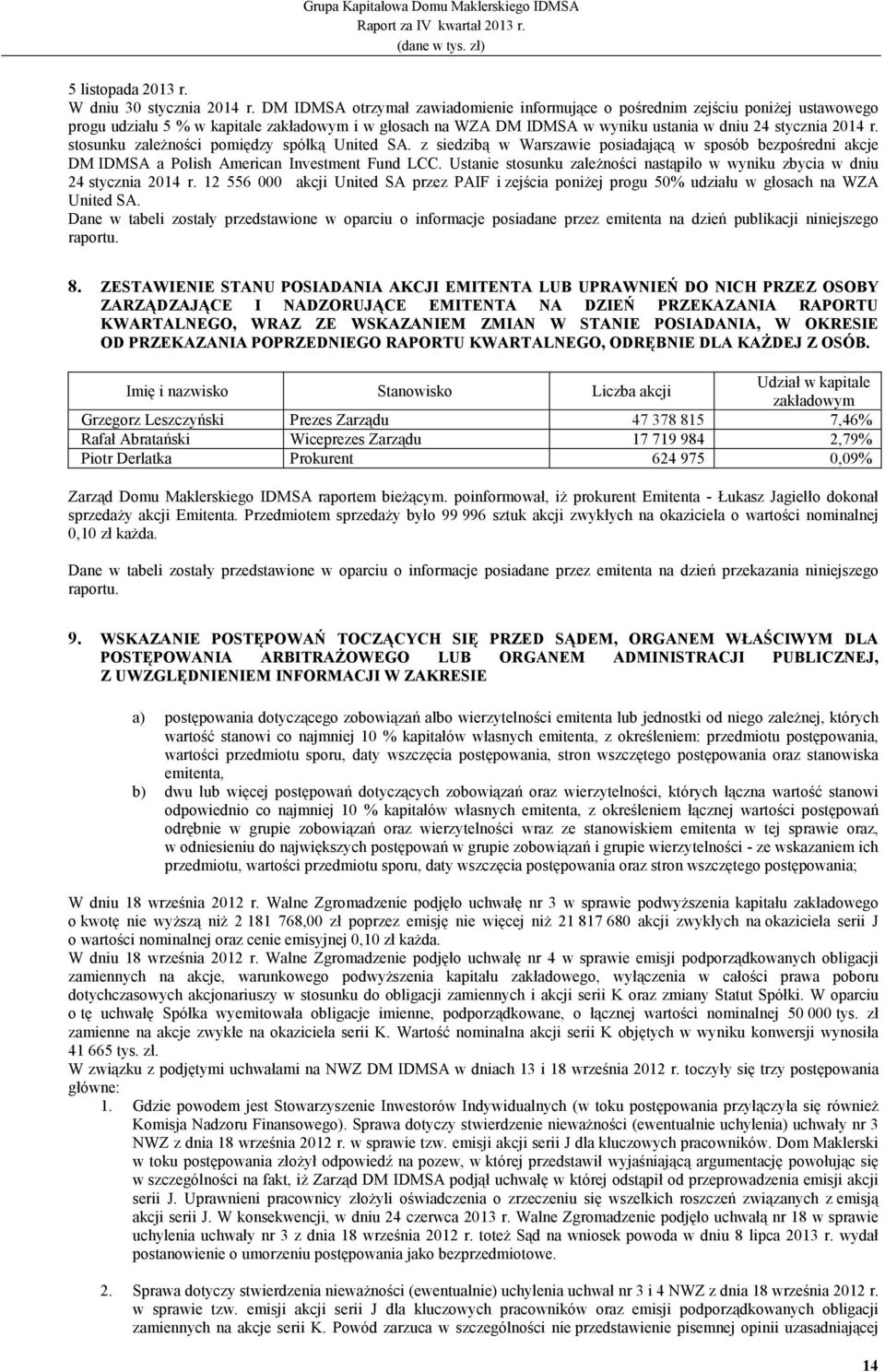 stosunku zaleŝności pomiędzy spółką United SA. z siedzibą w Warszawie posiadającą w sposób bezpośredni akcje DM IDMSA a Polish American Investment Fund LCC.