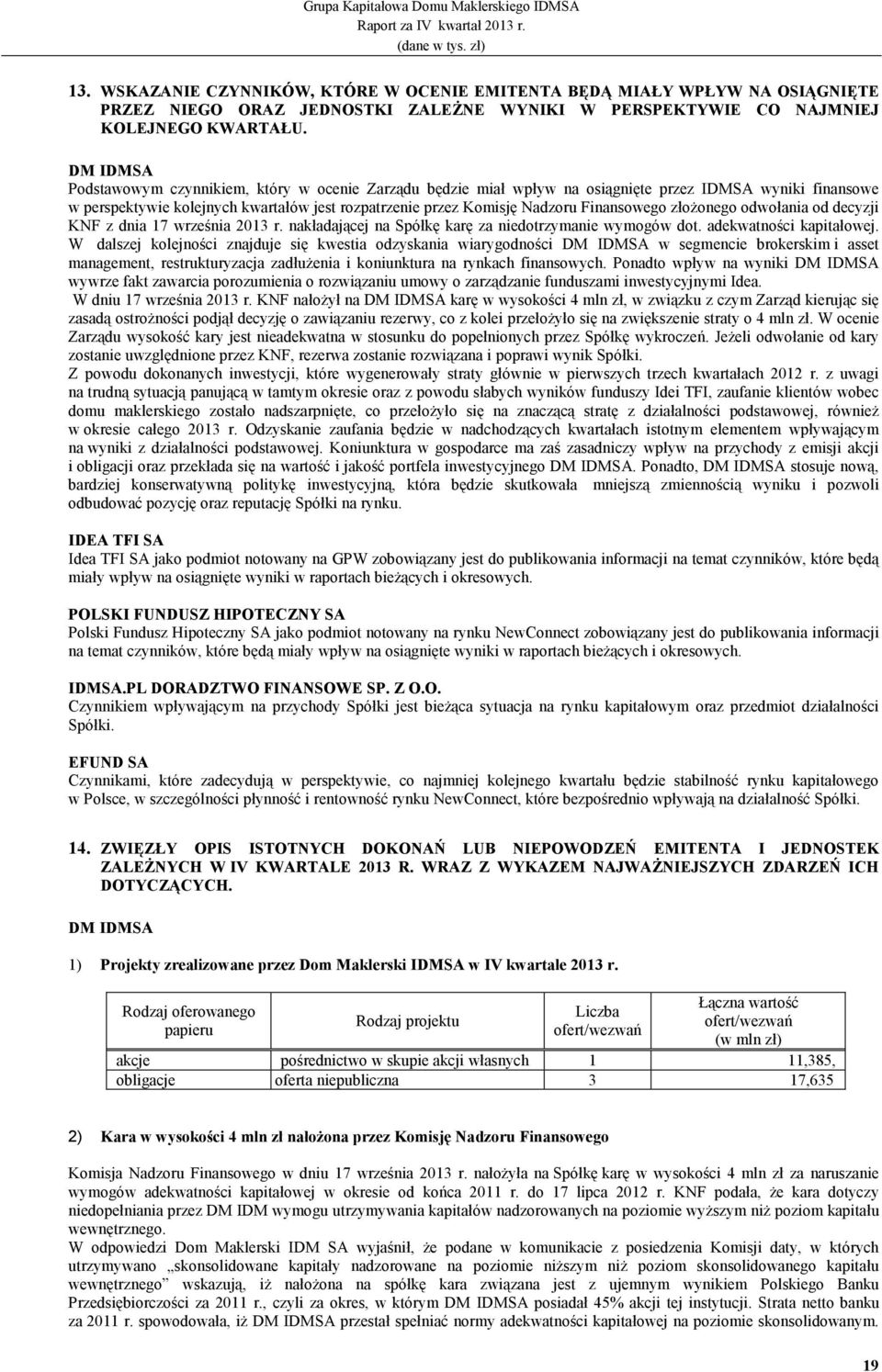 Finansowego złoŝonego odwołania od decyzji KNF z dnia 17 września 2013 r. nakładającej na Spółkę karę za niedotrzymanie wymogów dot. adekwatności kapitałowej.