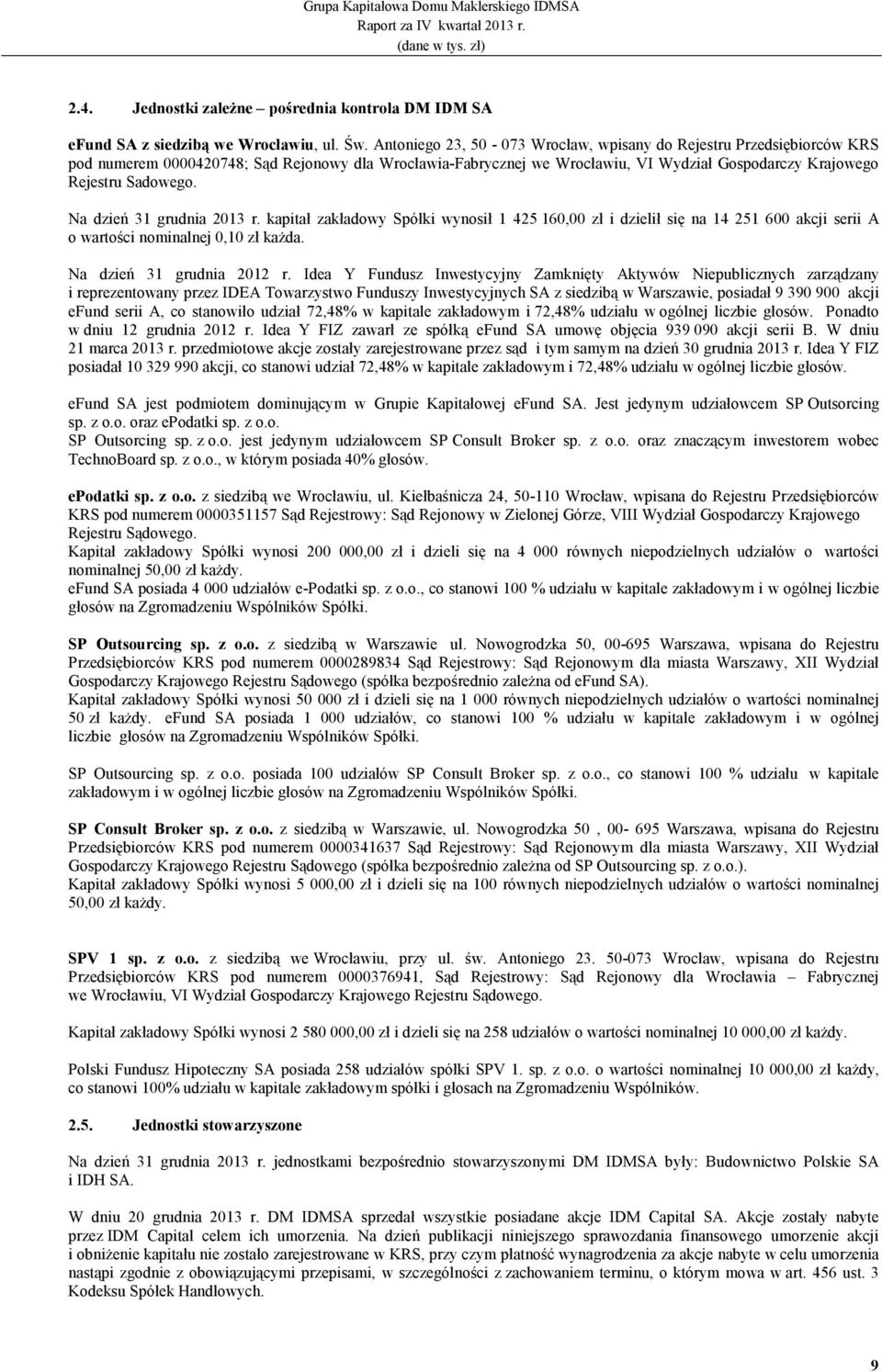 Na dzień 31 grudnia 2013 r. kapitał zakładowy Spółki wynosił 1 425 160,00 zł i dzielił się na 14 251 600 akcji serii A o wartości nominalnej 0,10 zł kaŝda. Na dzień 31 grudnia 2012 r.