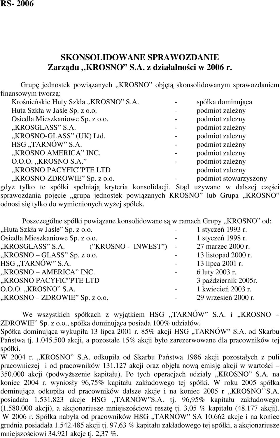 z o.o. - podmiot zależny KROSGLASS S.A. - podmiot zależny KROSNO-GLASS (UK) Ltd. - podmiot zależny HSG TARNÓW S.A. - podmiot zależny KROSNO AMERICA INC. - podmiot zależny O.O.O. KROSNO S.A. - podmiot zależny KROSNO PACYFIC PTE LTD podmiot zależny KROSNO-ZDROWIE Sp.