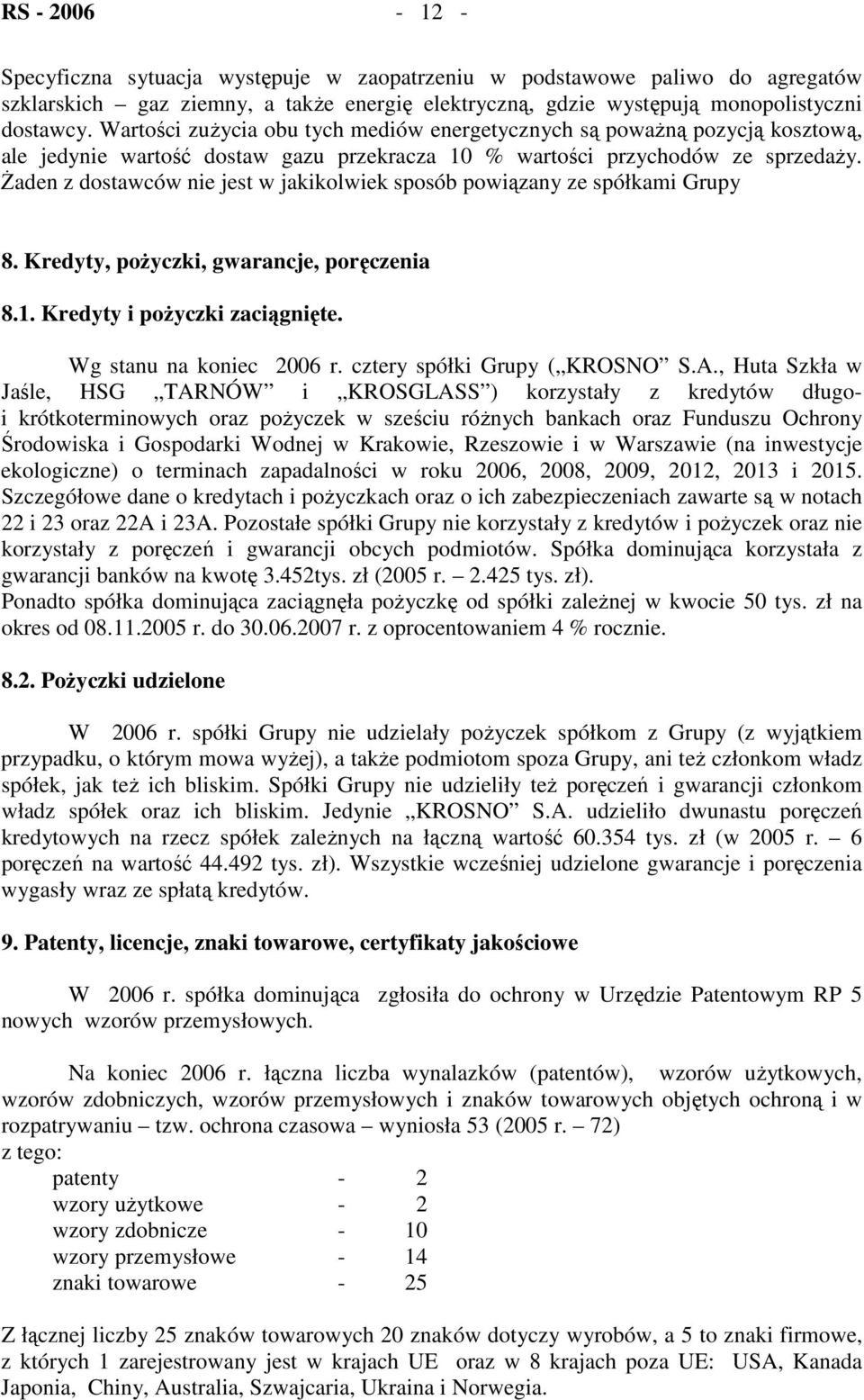 Żaden z dostawców nie jest w jakikolwiek sposób powiązany ze spółkami Grupy 8. Kredyty, pożyczki, gwarancje, poręczenia 8.1. Kredyty i pożyczki zaciągnięte. Wg stanu na koniec 2006 r.