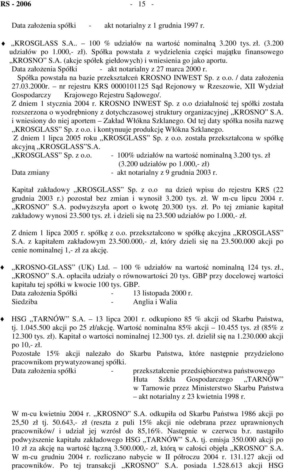 Spółka powstała na bazie przekształceń KROSNO INWEST Sp. z o.o. / data założenia 27.03.2000r. nr rejestru KRS 0000101125 Sąd Rejonowy w Rzeszowie, XII Wydział Gospodarczy Krajowego Rejestru Sądowego/.