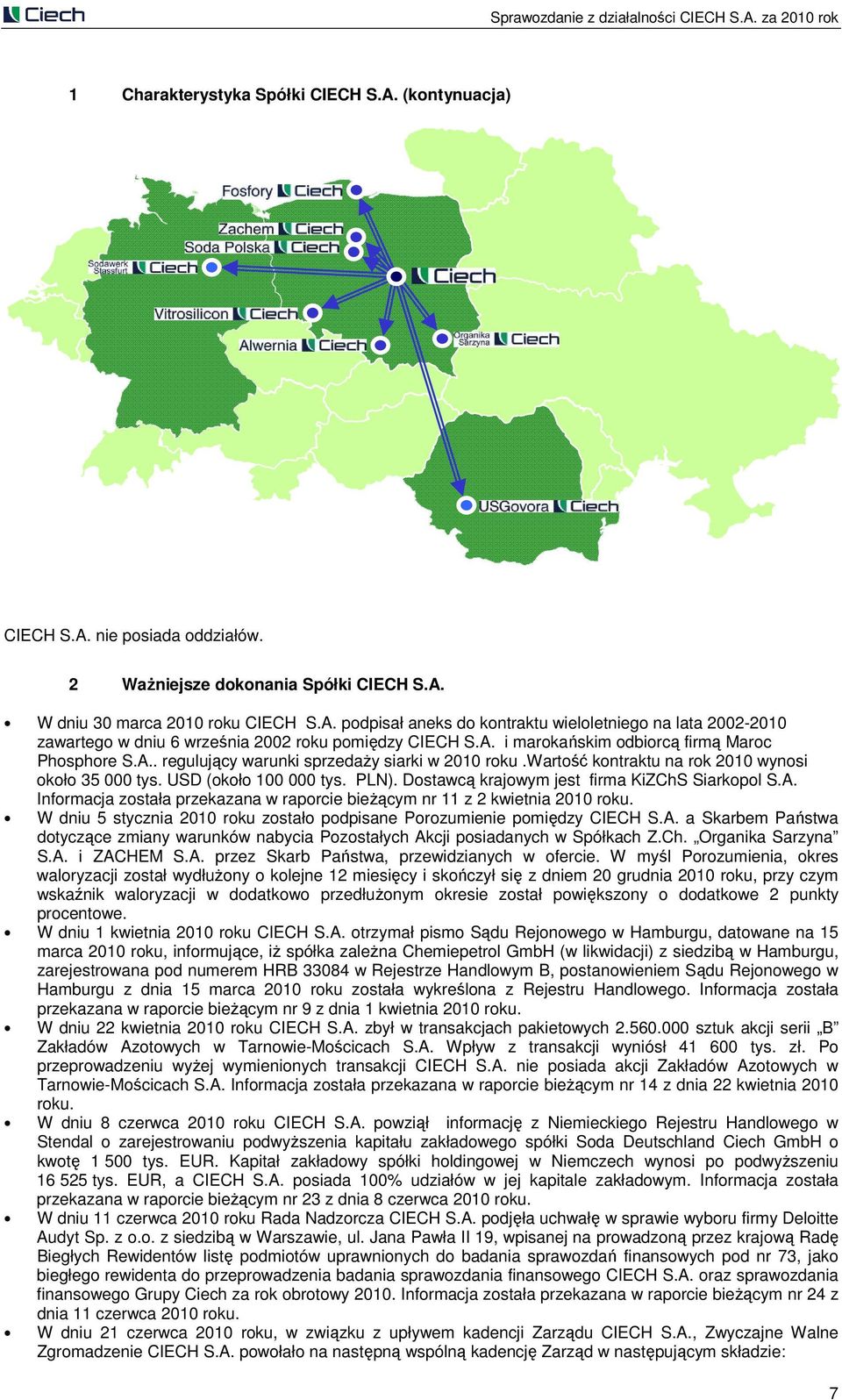 wartość kontraktu na rok 2010 wynosi około 35 000 tys. USD (około 100 000 tys. PLN). Dostawcą krajowym jest firma KiZChS Siarkopol S.A.