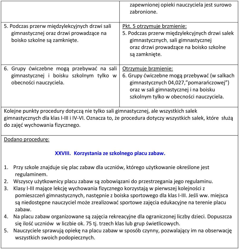 Podczas przerw międzylekcyjnych drzwi salek gimnastycznych, sali gimnastycznej oraz drzwi prowadzące na boisko szkolne są zamknięte. Otrzymuje brzmienie: 6.