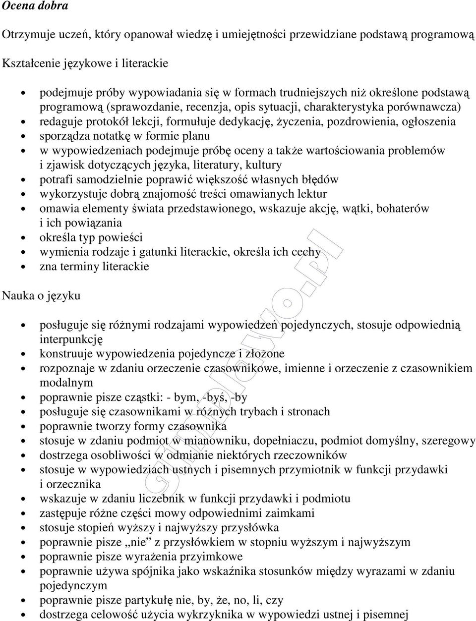 wypowiedzeniach podejmuje próbę oceny a także wartościowania problemów i zjawisk dotyczących języka, literatury, kultury potrafi samodzielnie poprawić większość własnych błędów wykorzystuje dobrą