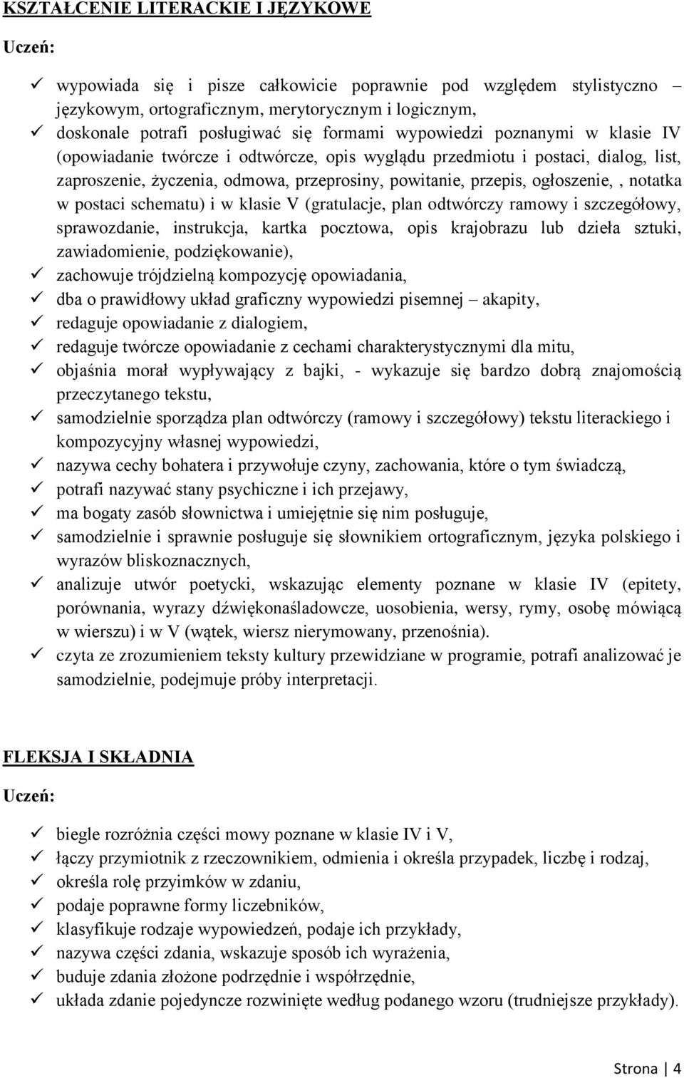 notatka w postaci schematu) i w klasie V (gratulacje, plan odtwórczy ramowy i szczegółowy, sprawozdanie, instrukcja, kartka pocztowa, opis krajobrazu lub dzieła sztuki, zawiadomienie, podziękowanie),